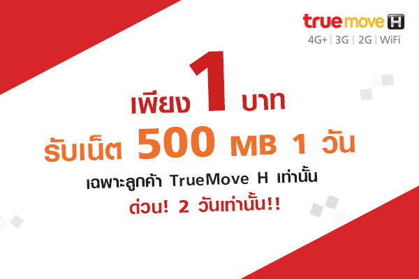 เพียง 1 บาท True อินเตอร์เน็ต 500 Mb 24 ชม.